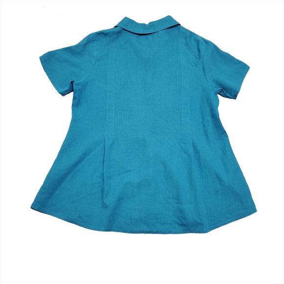 FLAX Womens Button-Up Shirt Tunic M Linen Short Sleeve Teal Blue Lagenlo… - Picture 2 of 9